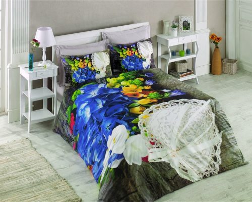 Lenjerie De Pat Cotton Box Frilly, 100% bumbac ranforce, pentru 2 persoane, multicolor