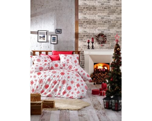 Lenjerie De Pat Nazenin Home Snow Red, 100% bumbac ranforce, pentru 2 persoane, alb/rosu