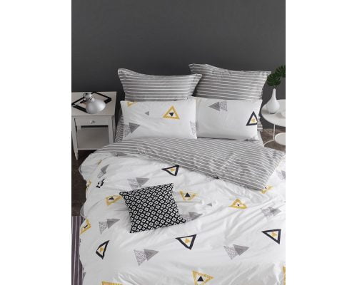 Lenjerie De Pat EnLora Home Triangle, 100% bumbac ranforce, pentru 2 persoane, alb/gri