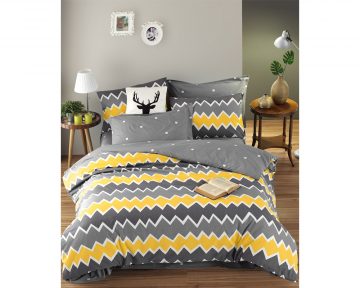 Lenjerie De Pat EnLora Home Zigzag, 100% bumbac ranforce, pentru 2 persoane, gri/galben