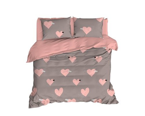 Lenjerie De Pat EnLora Home Heart, 100% bumbac ranforce, pentru 2 persoane, roz/gri