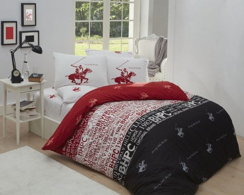 Lenjerie De Pat Beverly Hills Polo Club Tricolor, 100% bumbac ranforce, pentru 2 persoane, negru/alb/rosu