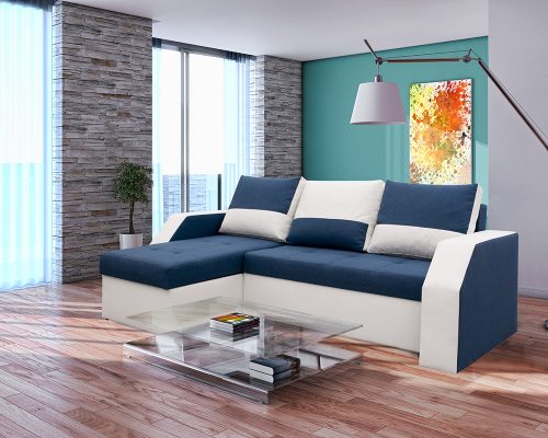 Coltar Extensibil Bedora Madrid 226x145x79 cm, lada de depozitare, reversibil, textil, piele ecologica, alb, albastru 2
