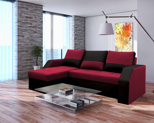 Coltar Extensibil Bedora Madrid 226x145x79 cm, lada de depozitare, reversibil, textil, piele ecologica, negru, rosu 2