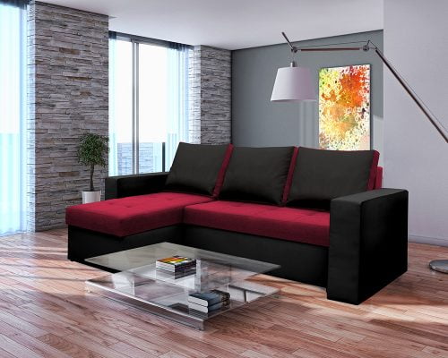 Coltar Extensibil Bedora Toledo 226x145x79 cm, lada de depozitare, reversibil, textil, piele ecologica, negru, rosu 3