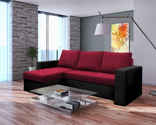 Coltar Extensibil Bedora Toledo 226x145x79 cm, lada de depozitare, reversibil, textil, piele ecologica, negru, rosu 2