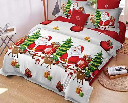 Lenjerie De Pat Happy Christmas, 50% bumbac, 50% poliester, 4 piese, pentru 2 persoane, multicolor