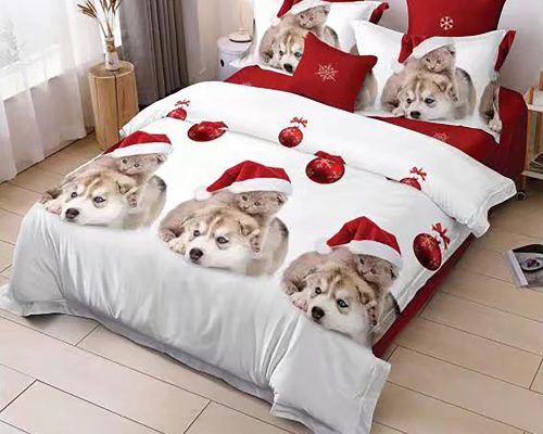 Lenjerie De Pat Pets Christmas, 50% bumbac, 50% poliester, 4 piese, pentru 2 persoane, multicolor