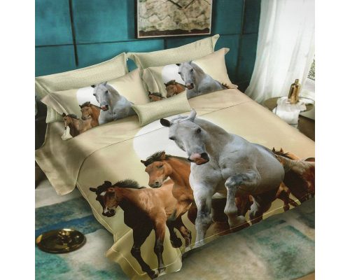 Lenjerie De Pat Horses D58 Finet, 70% bumbac, 30% poliester, 6 piese, pentru 2 persoane, multicolor