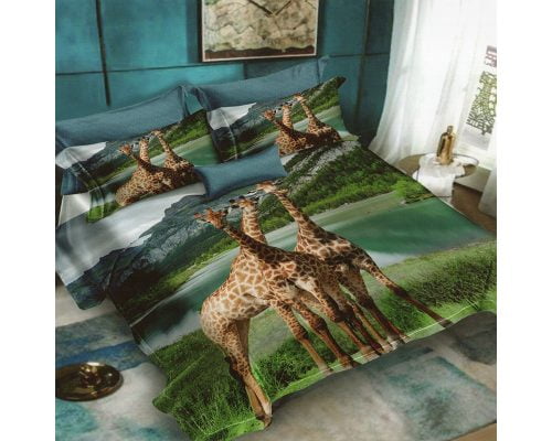 Lenjerie De Pat Giraffes D61 Finet, 70% bumbac, 30% poliester, 6 piese, pentru 2 persoane, multicolor