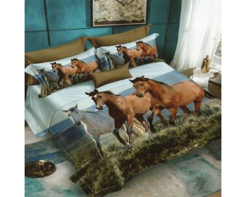 Lenjerie De Pat Horses D69 Finet, 70% bumbac, 30% poliester, 6 piese, pentru 2 persoane, multicolor