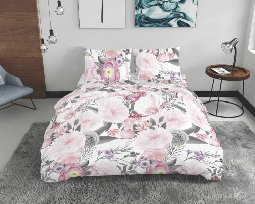 Lenjerie De Pat Dubla King Size Bedora Bouqate 240x240 cm, 4 piese, 100% bumbac, pentru 2 persoane, multicolor