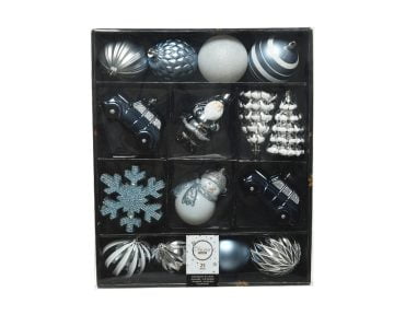 Cutie cu 25 Globuri Decoris Winter Mix, plastic, alb/albastru