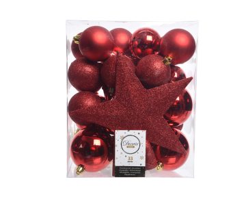 Cutie cu 33 Globuri Asortate Si Varf De Brad Star Decoris, plastic, rosu
