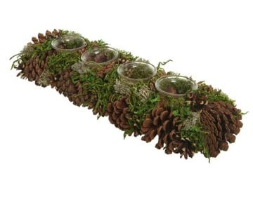 Decoratiune cu 4 Suporturi Lumanari Decoris Pinecone, 15x45x9 cm, verde/maro