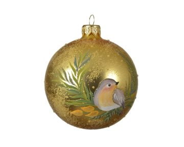 Glob Decoris Bird and Wreath, 8 cm, sticla, auriu/verde