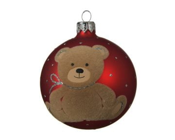 Glob Decoris Teddy Bear, 8 cm, sticla, rosu/maro