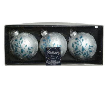 Set 3 Globuri Bauble Leaves Decoris, 8cm, sticla, albastru