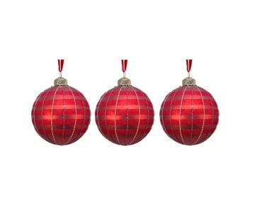 Set 3 Globuri Checkered Decoris, 8cm, sticla, rosu