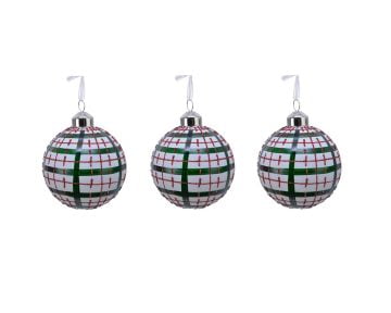 Set 3 Globuri Multi Stripes Decoris, 8cm, sticla, verde/rosu