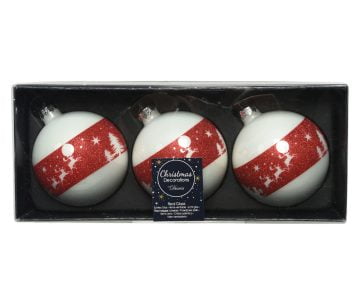 Set 3 Globuri Santa Reindeer Decoris, 8cm, sticla, alb/rosu