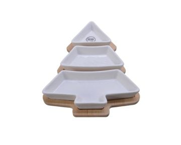 Set Tocator si 3 Boluri Tree Decoris, bambus/gresie, alb/bej